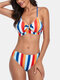 Women Stripe Print Spaghetti Straps Knotted Hawaii Bikini Swimsuit - Blue