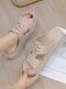 Women Casual Simple Comfy Breathable Hollow Handmade Wedges Slippers - Apricot