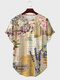 Herren T-Shirts mit Blumenmuster und Hand-Account-Print, abgerundetem Saum, kurzärmelig - Khaki