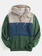 Mens Colorblock Patchwork Casual Pouch Pocket Drawstring Hoodies With Snap-Button - Green
