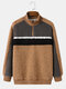 Mens Color Block Ribbon Patchwork Stand Collar Fleece Pullover Sweatshirts - Brown