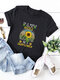 Short Sleeve Sunflower Letter Print Casual T-shirt For Women - Black