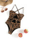 Leopard Solid Adjustable Strap Cut Out One Piece Swimsuit - Brown