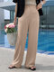 Women Solid Color Casual Straight Pants With Pocket - Khaki