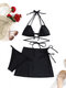 Bikini de tres piezas entrecruzado con espalda abierta y cuello halter con lazo liso - Negro