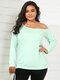 Plus Size Solid One Shoulder Long Sleeves T-shirt - Green