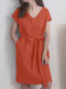 Solid Pocket V-neck Short Sleeve Dress With Belt - Orange