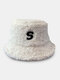 Unisex Teddy Cashmere Letter Patch Thickened Autumn Winter Warmth Fashion Bucket Hat - White