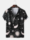 Mens Cartoon Starry Sky Printed Casual Lapel Collar Shirt - Black
