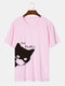 100% Cotton 7 Colors Funny Cat Printed Casual Home T-shirt - Pink
