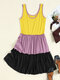 Contrast Color Pocket O-neck Sleeveless Fungus Patchwork Casual Dress - Yellow
