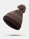 Unisex Cotton Thread Knitted Thickened Argyle Jacquard Fur Ball Decoration Warmth Brimless Beanie Hat - Coffee