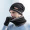 Men 3PCS Solid Color Keep Warm Sets Fashion Casual Wool Hat Beanie Scarf Full-finger Gloves - Black