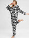 Plus Size Deer Print Jumpsuits Pajamas Hooded Front Zipper Flannels Warm Sleepwear For Women - Black