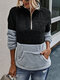 Patchwork Long Sleeve High Neck Zipper Fly Pocket Sweatshirt For Women - Black