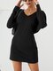 Solid Color Dolman Long Sleeve V-neck Casual Dress For Women - Black