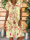 Floral Printed V-neck Short Sleeve Midi Dress - Khaki
