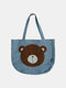 Women Bear Pattern Embroidered Handbag Shoulder Bag - Blue