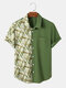 Mens Bamboo Print Patchwork Lapel Holiday Short Sleeve Shirts - Green
