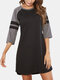 Plus Size Women Patchwork 3/4 Sleeve Round Neck Nightdress Casual Pajamas - Black