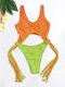 Women Contrast Color Patchwork Tassel Wireless Cut Out Beach Swimwear One Piece - Orange