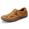 Menico Men Retro Leather Stitching Non Slip Hook Loop Casual Sandals - Brown