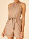 Solid Color Plain Waistband Sleeveless Casual Halter Romper for Women - Khaki