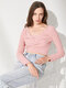 Solid Long Sleeve V-neck Skinny Crop Top For Women - Pink