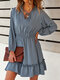 Solid Elastic Waist Ruffle Tie Front Long Sleeve Casual Dress - Gray