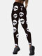 Women Halloween Skull Print Stretch High Elastic Waist Yoga Leggings Hip Lifting Sport Pants - Black