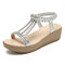 Women Bohemia Beach Rhinestone Open Toe Wedges Sandals - Silver