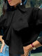 Feminino sólido bowknot botão frontal casual manga comprida Camisa - Preto