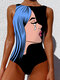 Women One Piece Graffiti Abstract Print Patchwork High Neck Sleeveless Slimming Swimsuit - Black