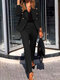 Women Solid Long Sleeve Lapel Two Pieces Suit - Black