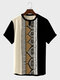 Camisetas masculinas vintage étnicas Padrão patchwork gola redonda manga curta - Preto