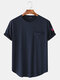 Mens Solid Color American Flag Sleeve Curved Hem T-Shirt With Pocket - Navy