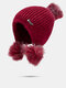 Women Rabbit Fur Knitted Plus Velvet Ear Protection Solid Letter Metal Label Fur Ball Decoration Warmth Beanie Hat - Wine Red