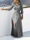 فستان كاجوال بأزرار بأكمام طويلة وطبعة مخطط للنساء - أسود