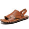 Men Hand Stitching Adjustable Strap Comfy Soft Sole Beach Leather Sandals - Red Brown