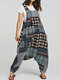 Vintage Ethnic Print Loose Baggy Jumpsuit For Women - Navy