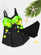 Plus Size Women Floral Print Backless Strappy Swimdress With Panty - Green