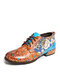 SOCOFY Retro Floral Pattern Stitching Genuine Leather Zipper Lace Up Flat Shoes - Orange
