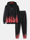 Mens Flame Print Half Zipper Hoodie Jogging Pants Cotton Two-Piece Sports Sets - Red