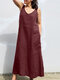 Women Solid V-Neck Side Split Cotton Sleeveless Dress - Wine Red