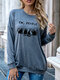 Cat Print Long Sleeve Loose Casual T-Shirt For Women - Gray
