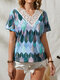 Geometric Print Lace Embroidery Patchwork V-neck Plus Size Casual T-shirt - Blue