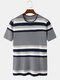 Mens Striped Print Round Neck Short Sleeve Summer Light Shirts - Dark Blue