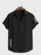 Mens Japanese Letter Print Lapel Button Up Short Sleeve Shirts - Black
