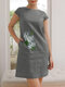 Women Floral Embroidered Crew Neck Cotton Dress With Pocket - Gray