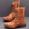 LOSTISY Women Retro Flowers Embroidered Leather Strappy Zipper Block Heel Mid Calf Boots - Orange